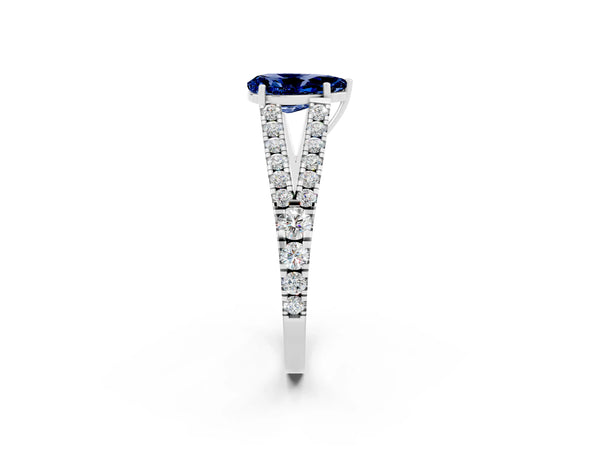 Platinum Pear Cut Blue Sapphire Split Shank Pavé Engagement Ring with Four-Prong Setting