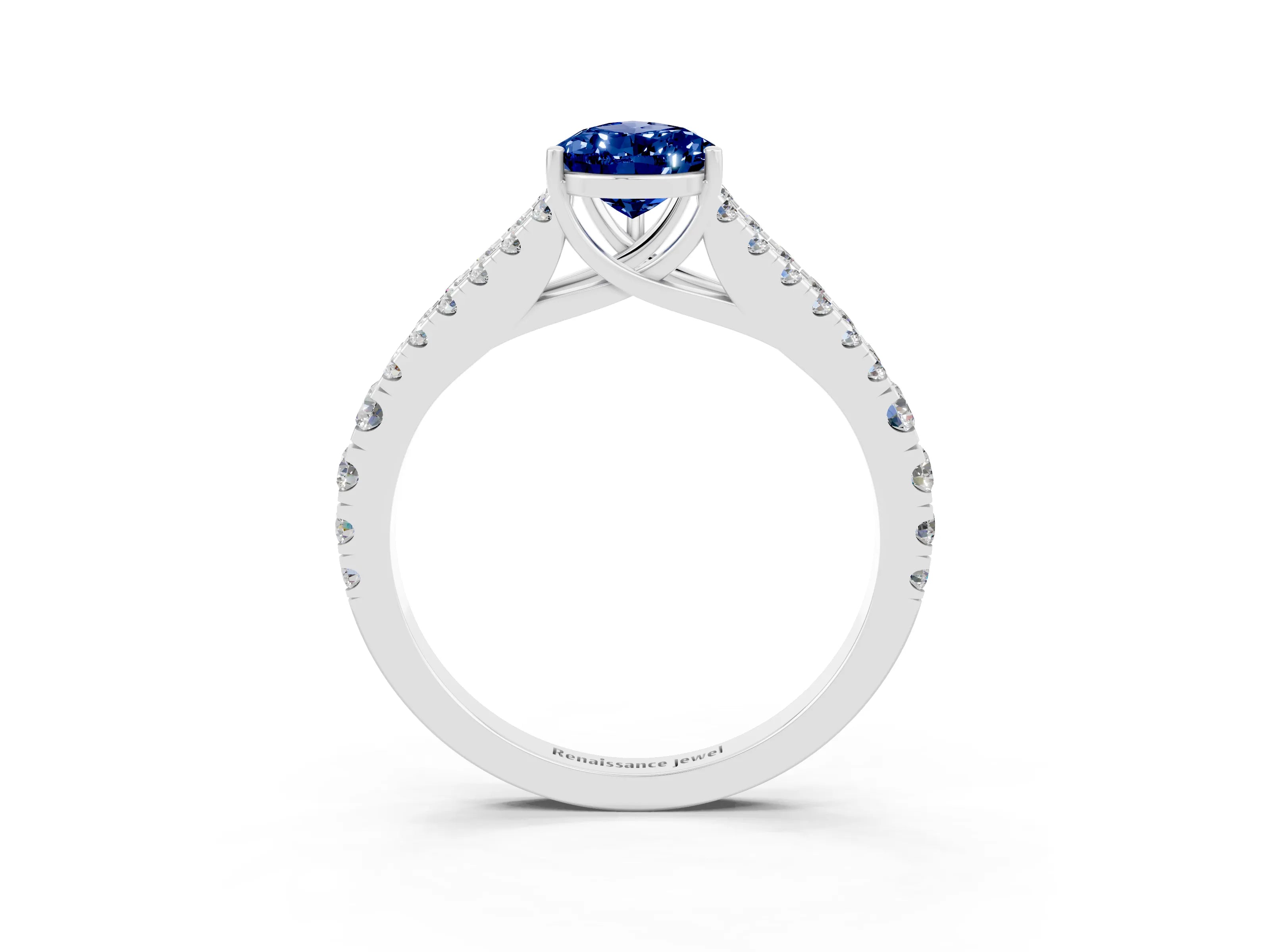 White gold Pear Cut Blue Sapphire Split Shank Pavé Engagement Ring with Four-Prong Setting_15