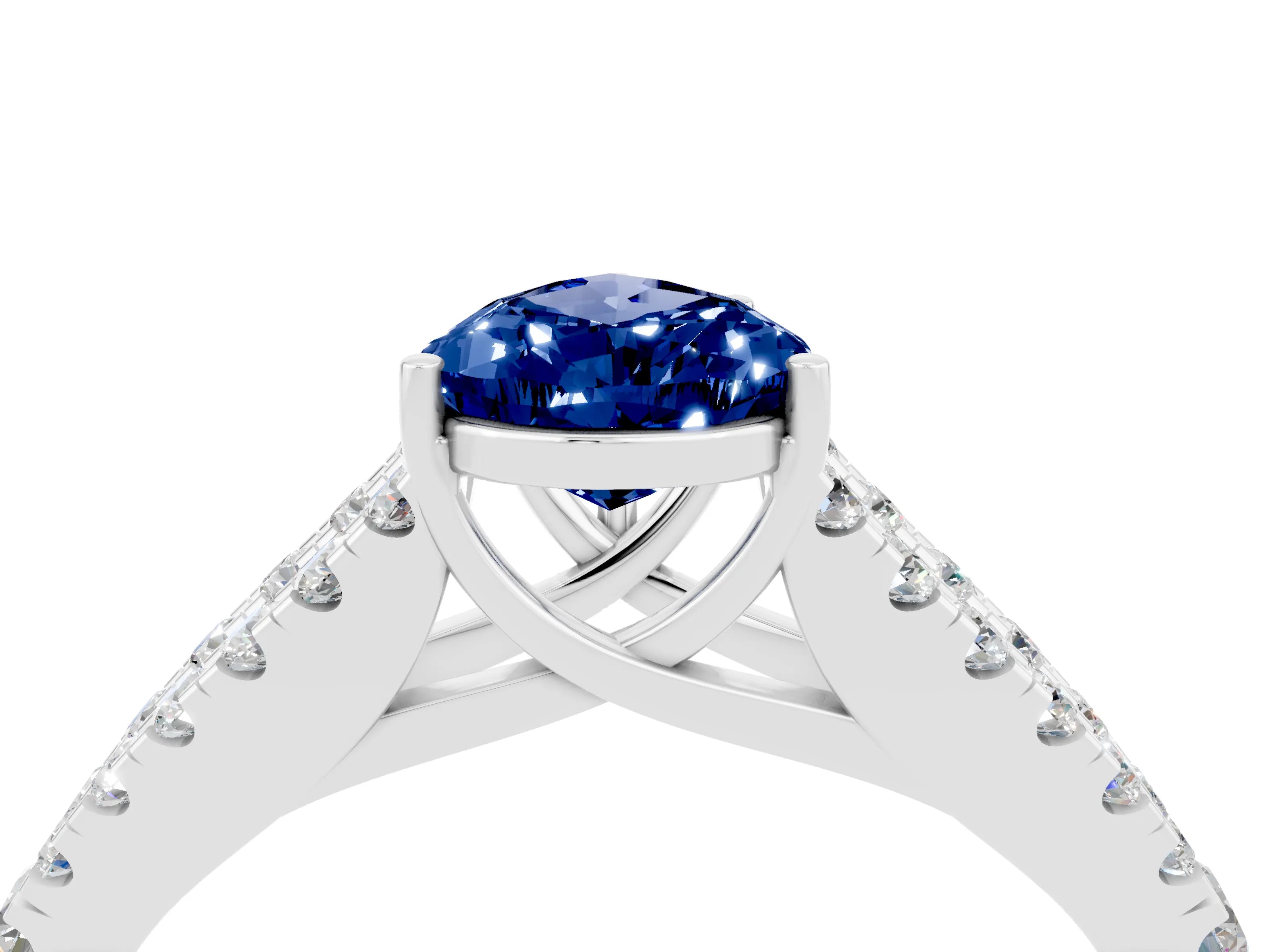 White gold Pear Cut Blue Sapphire Split Shank Pavé Engagement Ring with Four-Prong Setting_16