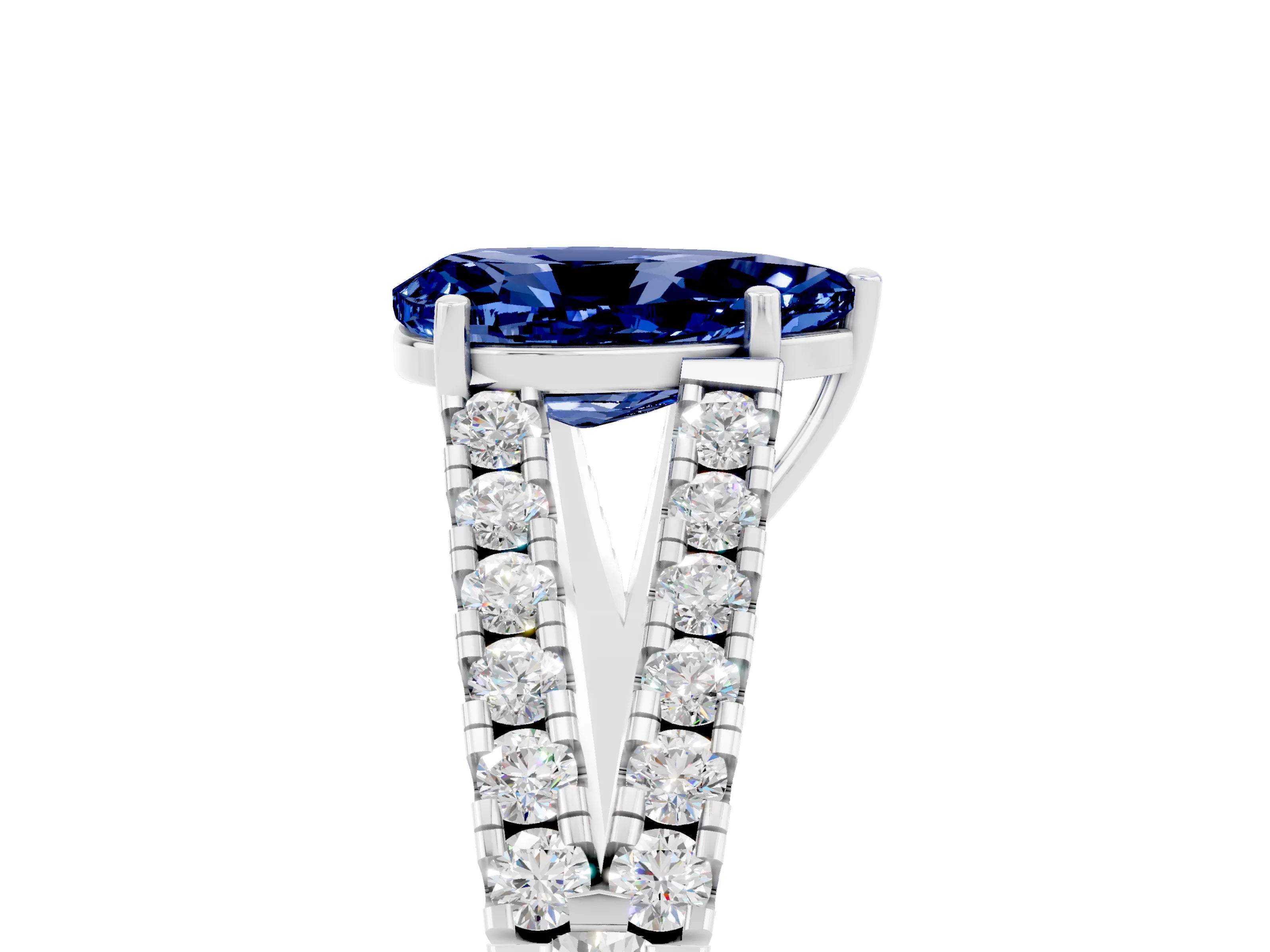 White gold Pear Cut Blue Sapphire Split Shank Pavé Engagement Ring with Four-Prong Setting_17