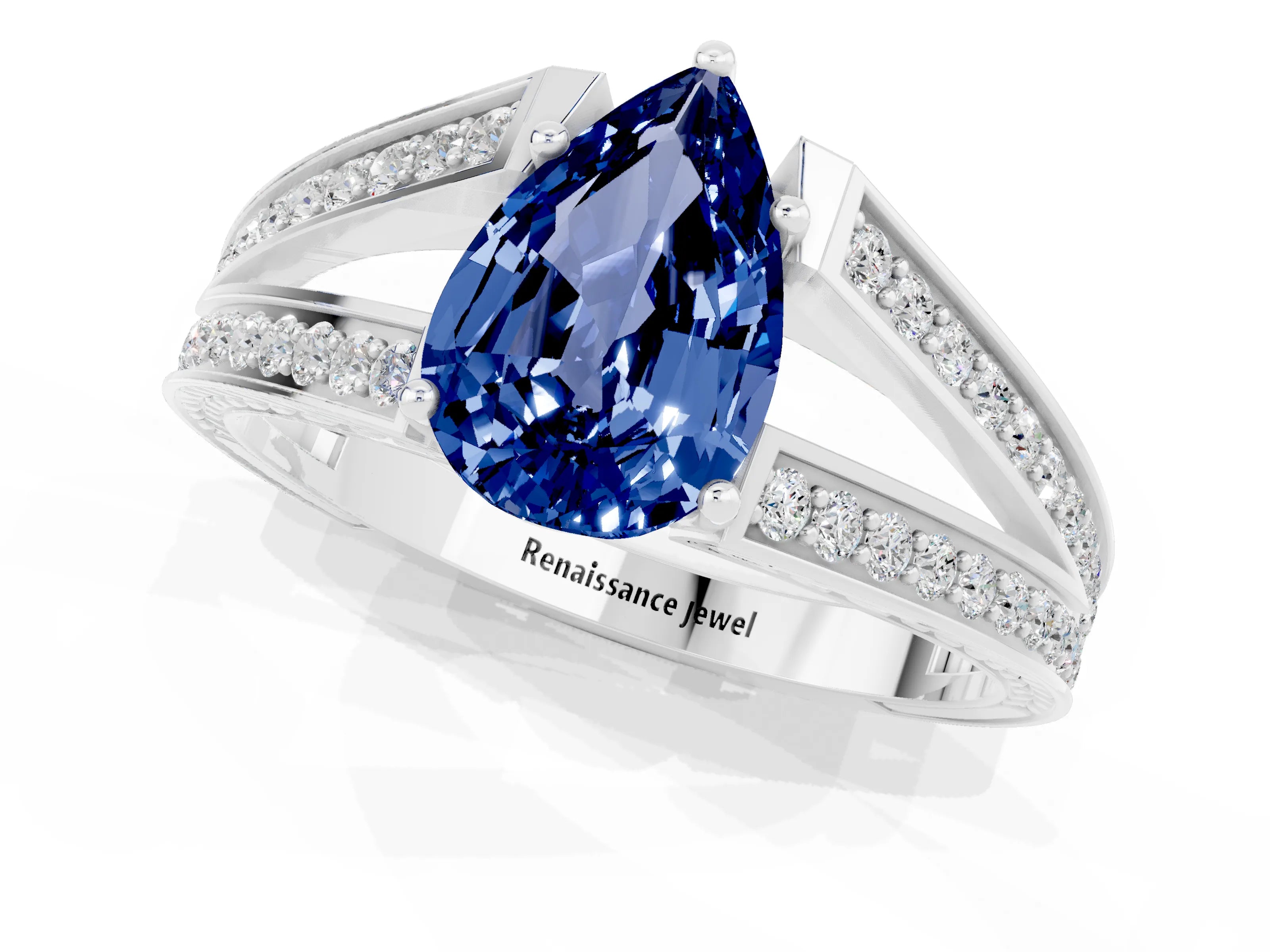 White gold Pear Cut Blue Sapphire Split Shank Ring with Pavé Band and Four-Prong Setting_1