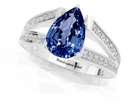 White gold Pear Cut Blue Sapphire Split Shank Ring with Pavé Band and Four-Prong Setting_1
