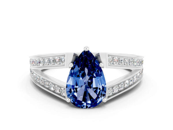White gold Pear Cut Blue Sapphire Split Shank Ring with Pavé Band and Four-Prong Setting