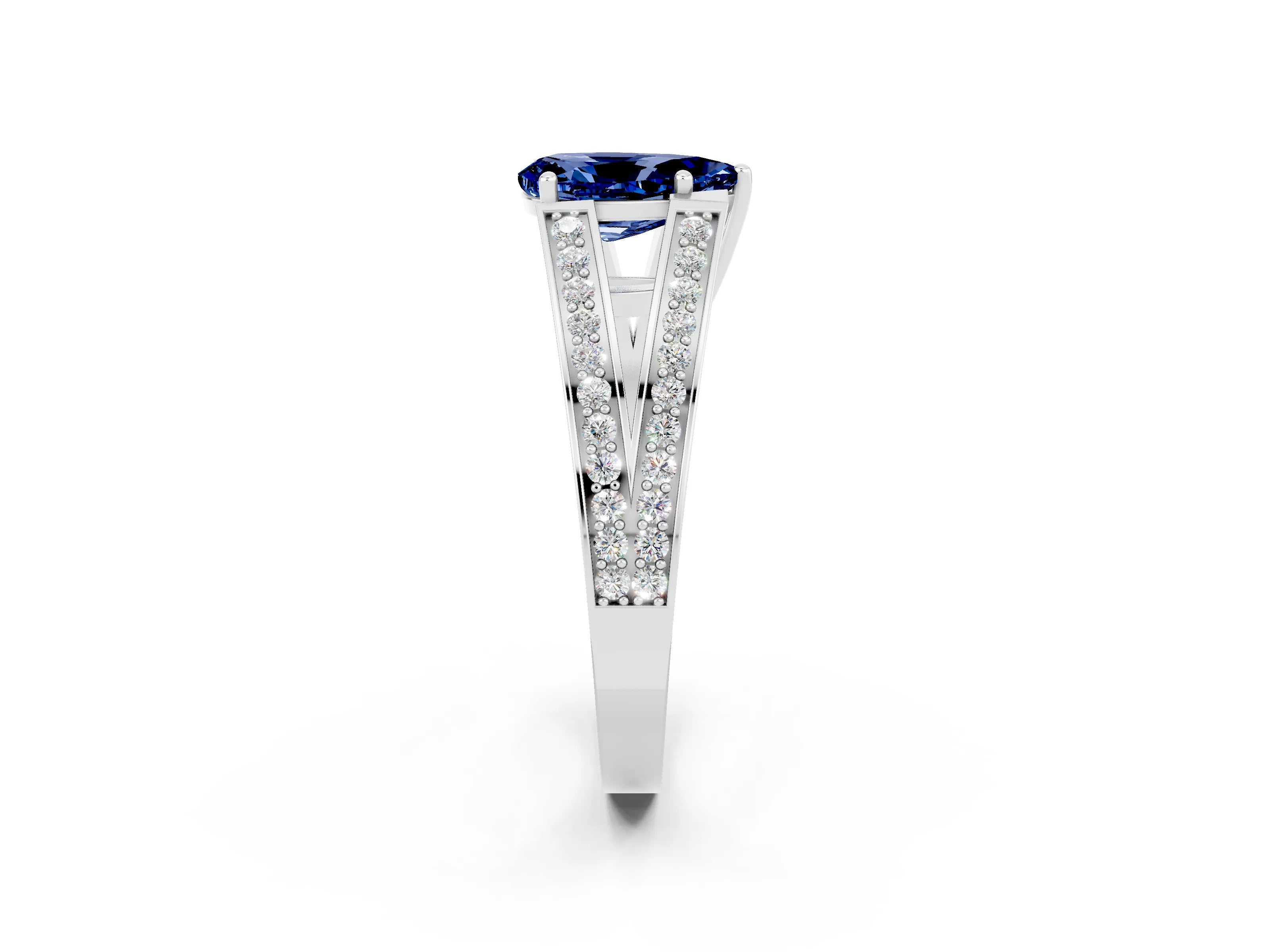 White gold Pear Cut Blue Sapphire Split Shank Ring with Pavé Band and Four-Prong Setting_2