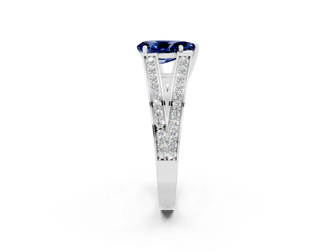 White gold Pear Cut Blue Sapphire Split Shank Ring with Pavé Band and Four-Prong Setting_2