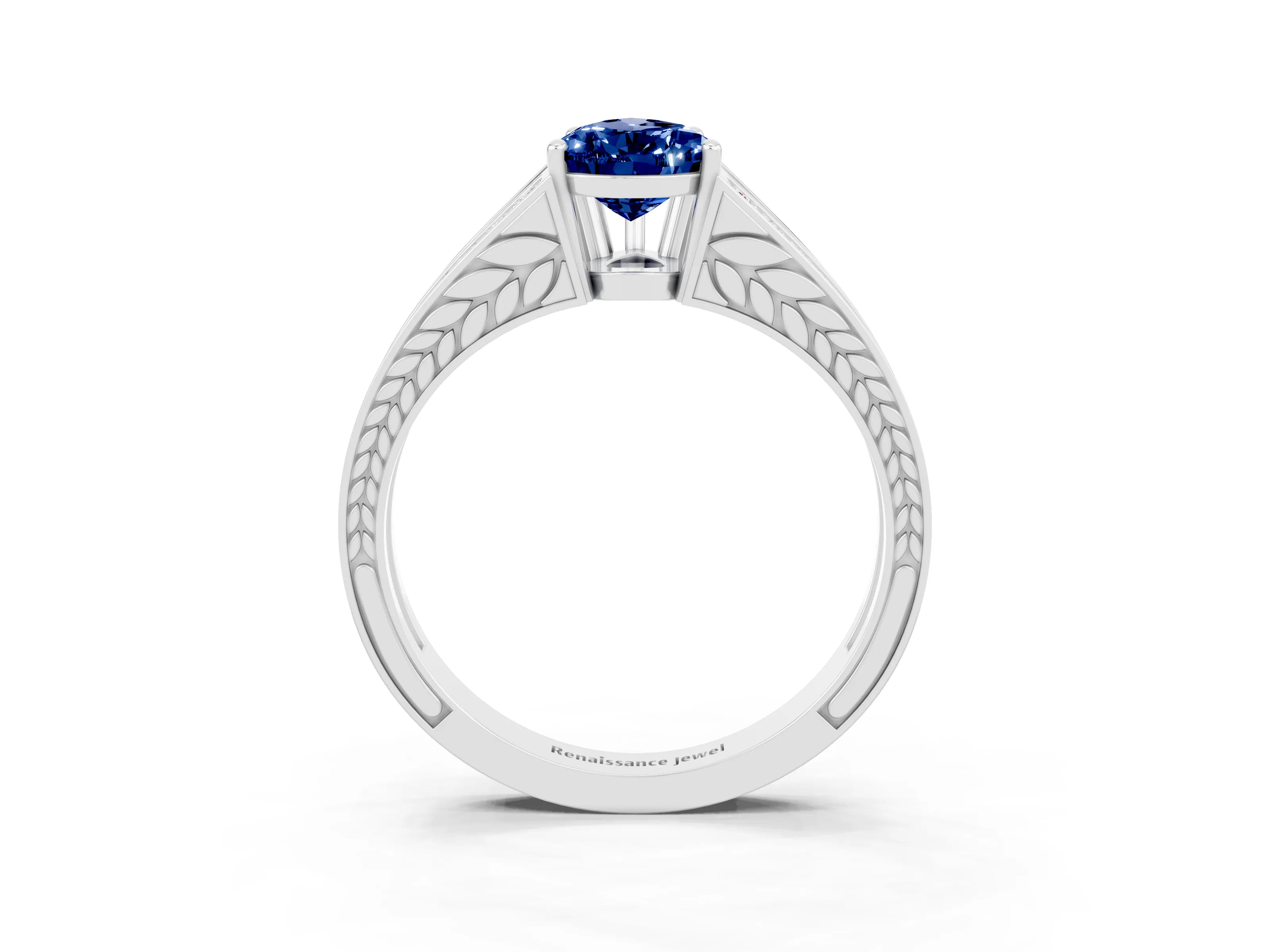 White gold Pear Cut Blue Sapphire Split Shank Ring with Pavé Band and Four-Prong Setting_3