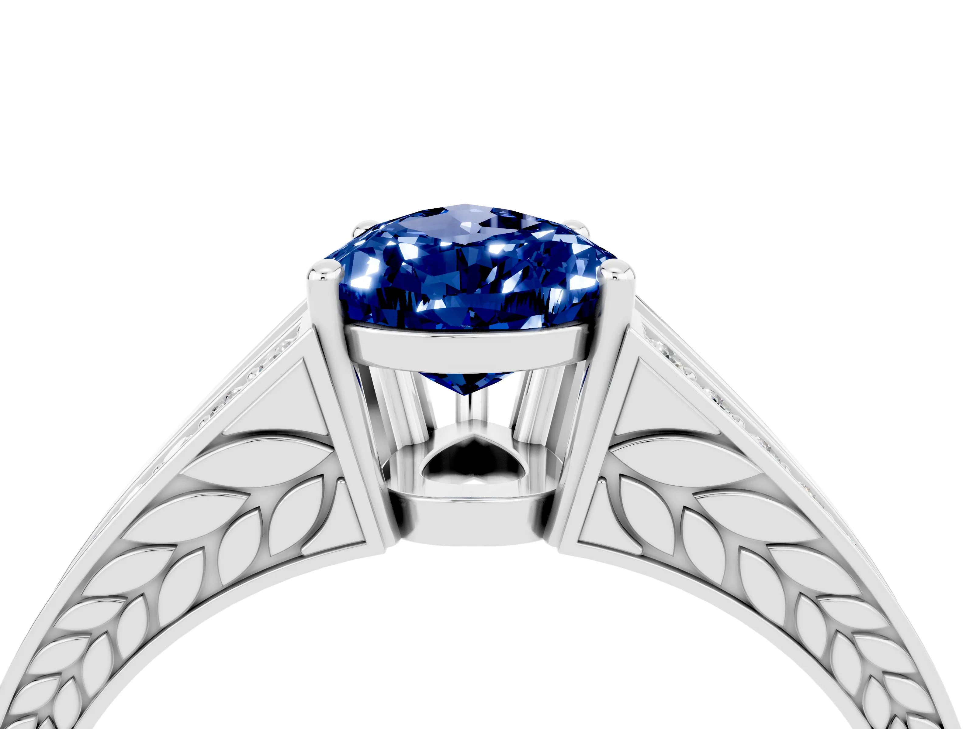 White gold Pear Cut Blue Sapphire Split Shank Ring with Pavé Band and Four-Prong Setting_4