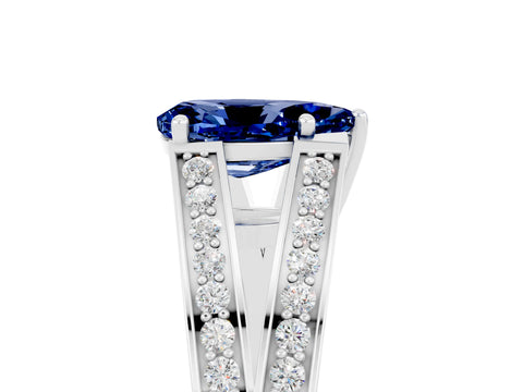 White gold Pear Cut Blue Sapphire Split Shank Ring with Pavé Band and Four-Prong Setting_5