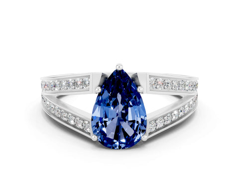 White gold Pear Cut Blue Sapphire Split Shank Ring with Pavé Band and Four-Prong Setting