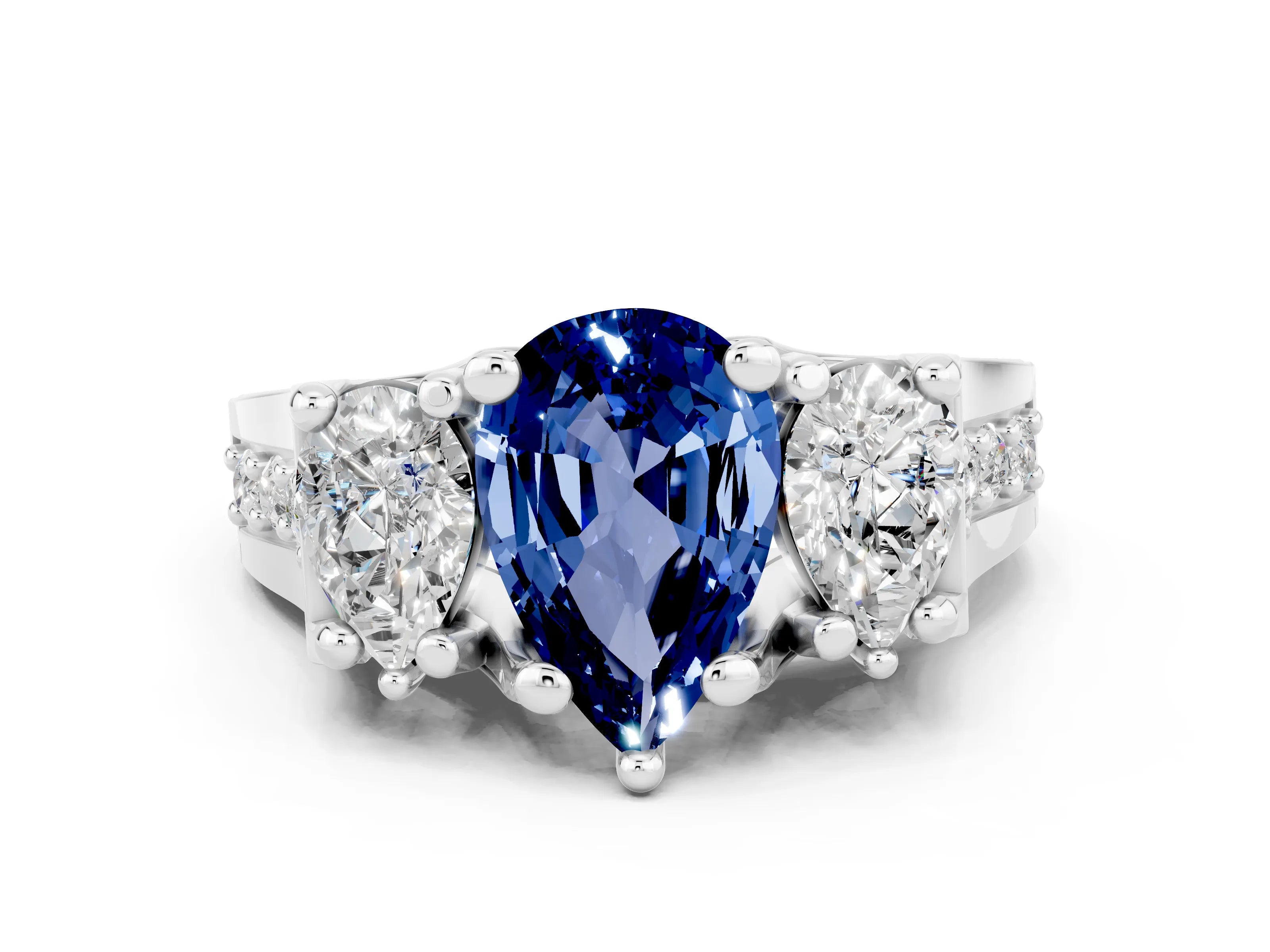 White gold Pear Cut Blue Sapphire Three-Stone Ring with Channel Set Band and Four-Prong Setting