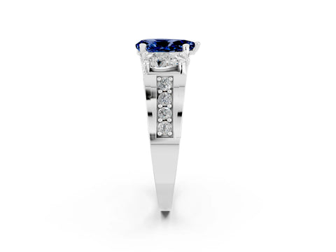 White gold Pear Cut Blue Sapphire Three-Stone Ring with Channel Set Band and Four-Prong Setting_2
