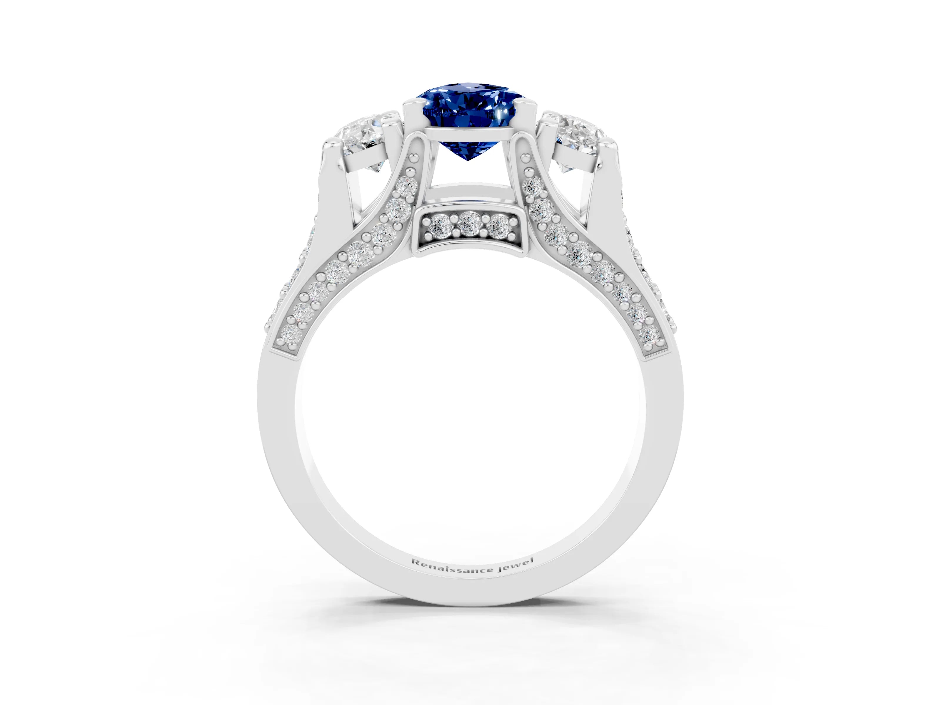 White gold Pear Cut Blue Sapphire Three-Stone Ring with Channel Set Band and Four-Prong Setting_3