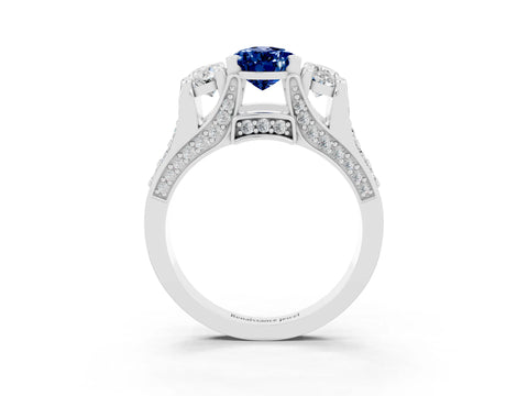 White gold Pear Cut Blue Sapphire Three-Stone Ring with Channel Set Band and Four-Prong Setting_3