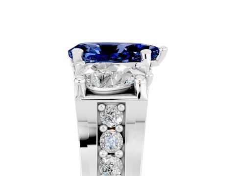 White gold Pear Cut Blue Sapphire Three-Stone Ring with Channel Set Band and Four-Prong Setting_5