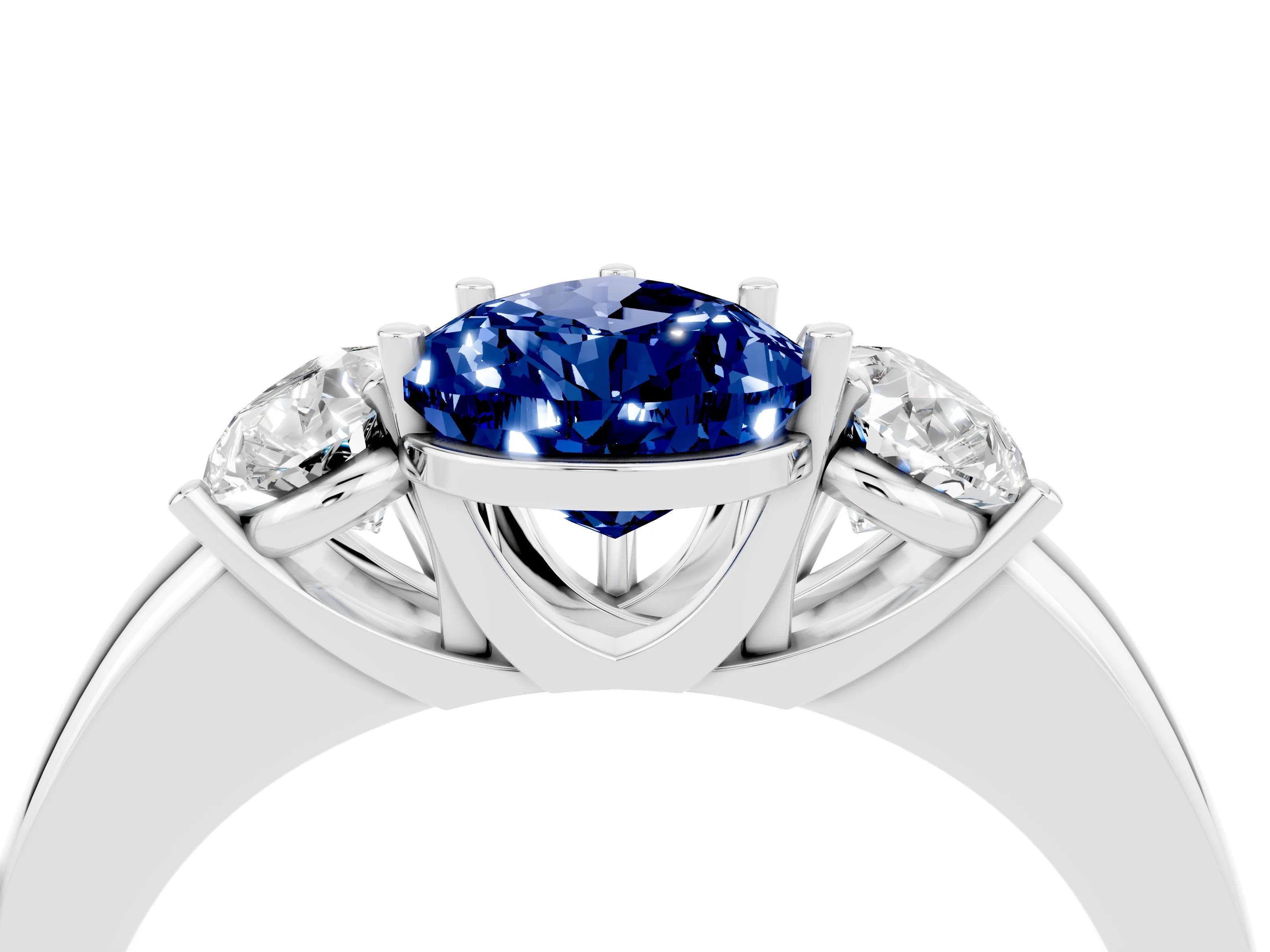 White gold Pear Cut Blue Sapphire Three-Stone Ring with Four-Prong Setting and Classic Band_4