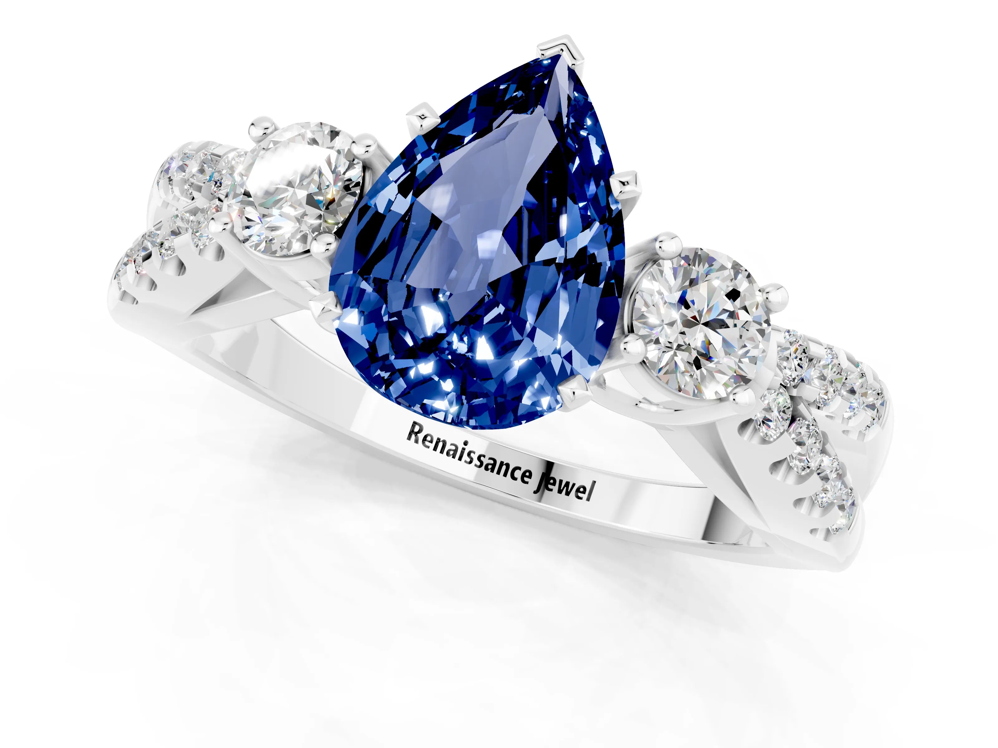 White gold Pear Cut Blue Sapphire Three-Stone Ring with Pavé Split Shank and Four-Prong Setting_13