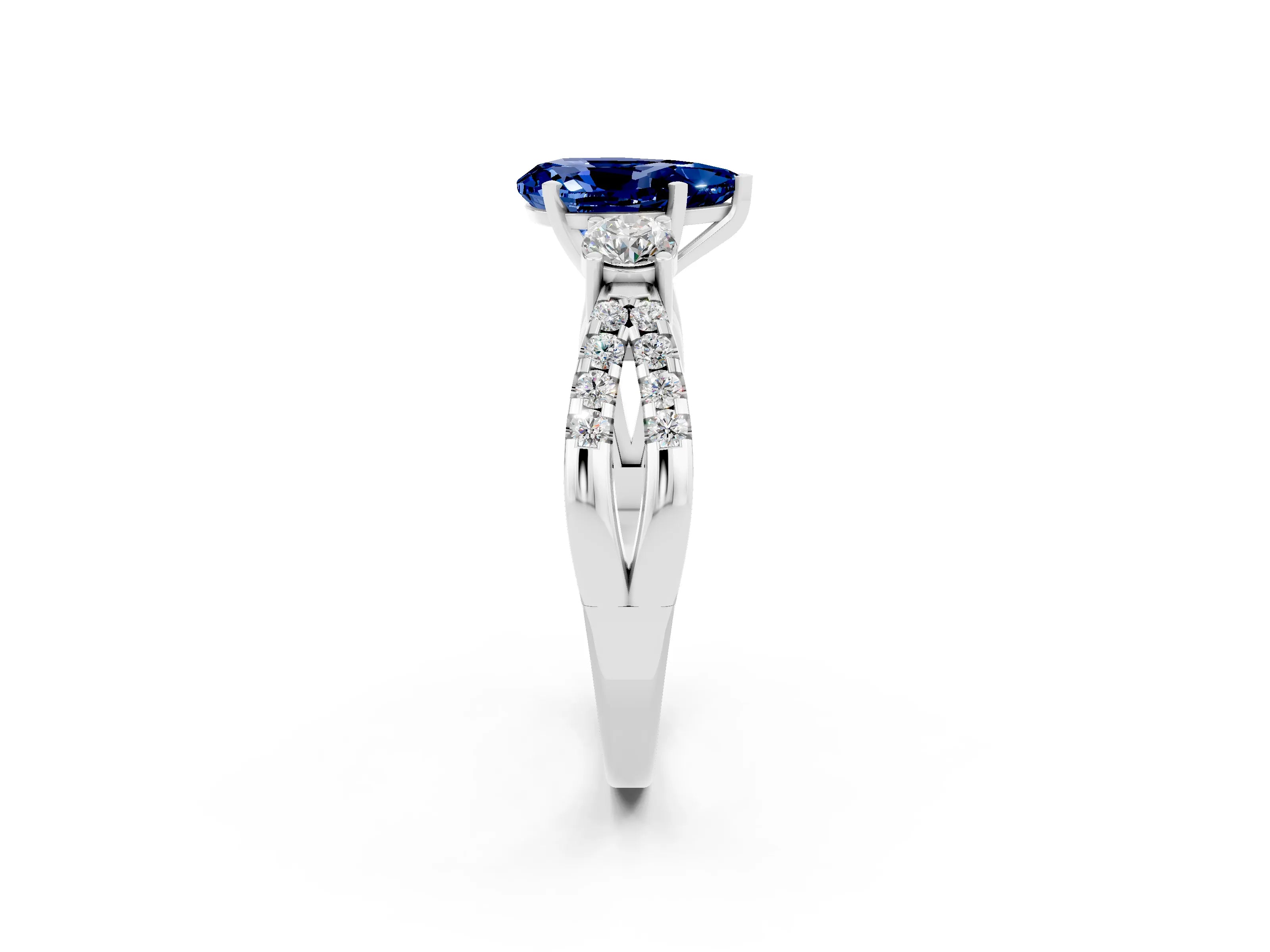 White gold Pear Cut Blue Sapphire Three-Stone Ring with Pavé Split Shank and Four-Prong Setting_14
