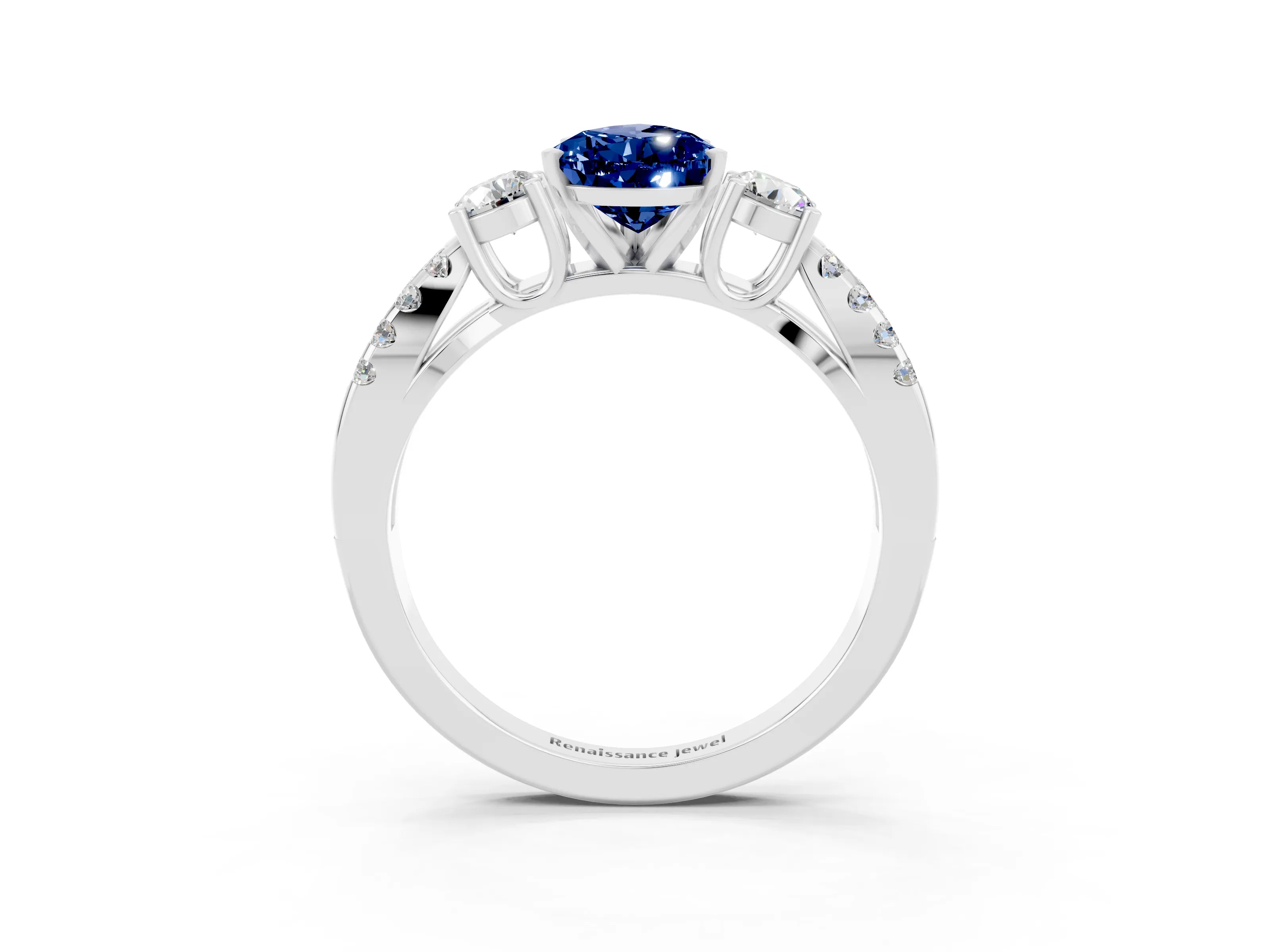 White gold Pear Cut Blue Sapphire Three-Stone Ring with Pavé Split Shank and Four-Prong Setting_15