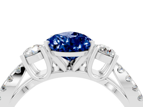 White gold Pear Cut Blue Sapphire Three-Stone Ring with Pavé Split Shank and Four-Prong Setting_16