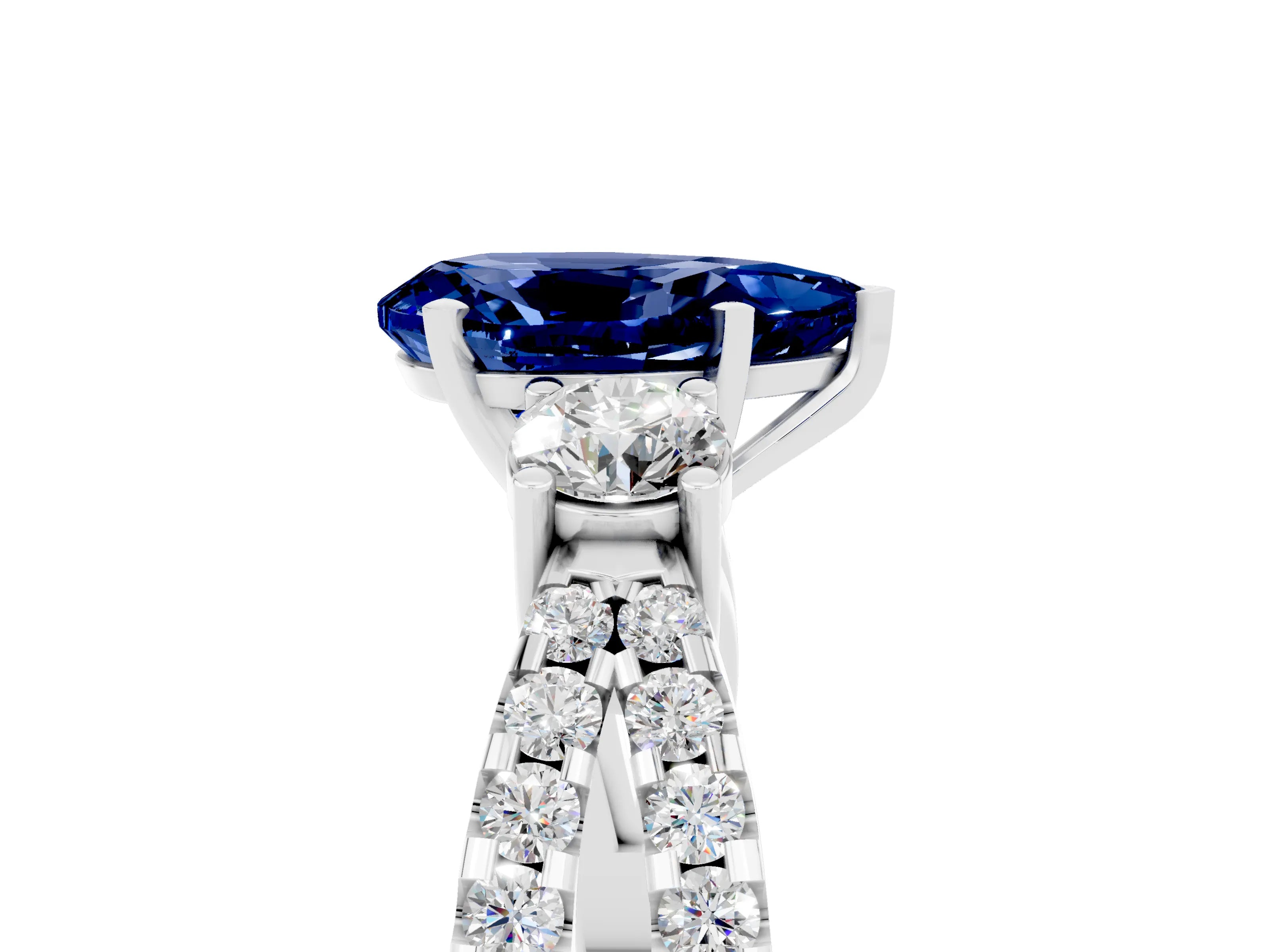 White gold Pear Cut Blue Sapphire Three-Stone Ring with Pavé Split Shank and Four-Prong Setting_17