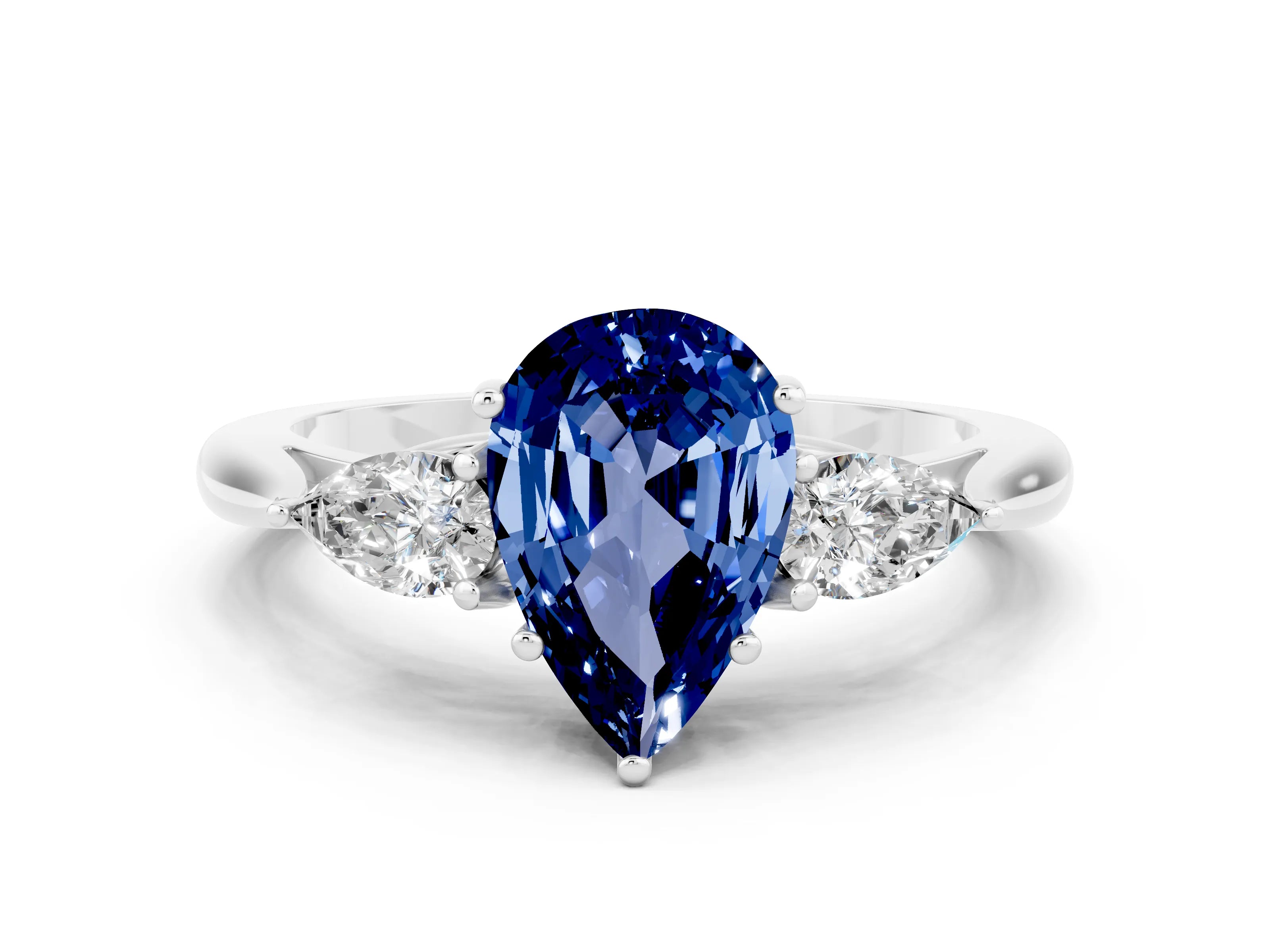 White gold Pear Cut Blue Sapphire Three-Stone Ring with Pear Side Stones and Four-Prong Setting_31