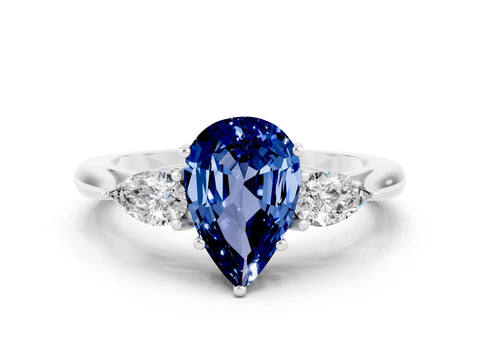 White gold Pear Cut Blue Sapphire Three-Stone Ring with Pear Side Stones and Four-Prong Setting_31