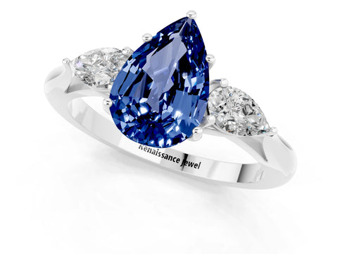 White gold Pear Cut Blue Sapphire Three-Stone Ring with Pear Side Stones and Four-Prong Setting_32