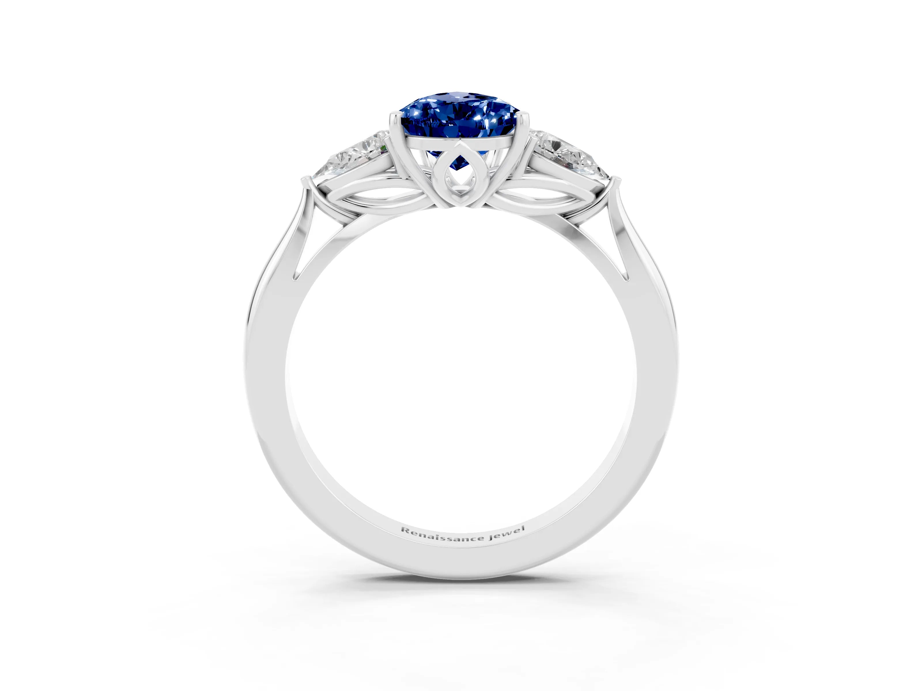White gold Pear Cut Blue Sapphire Three-Stone Ring with Pear Side Stones and Four-Prong Setting_34