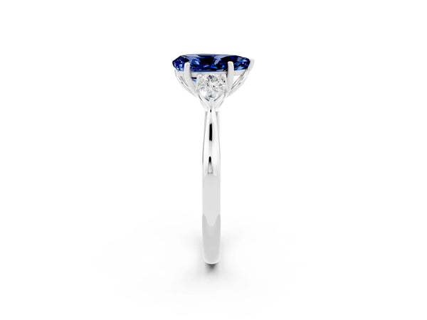 Silver Pear Cut Blue Sapphire Three-Stone Ring with Pear  Side Stones and Prong Setting