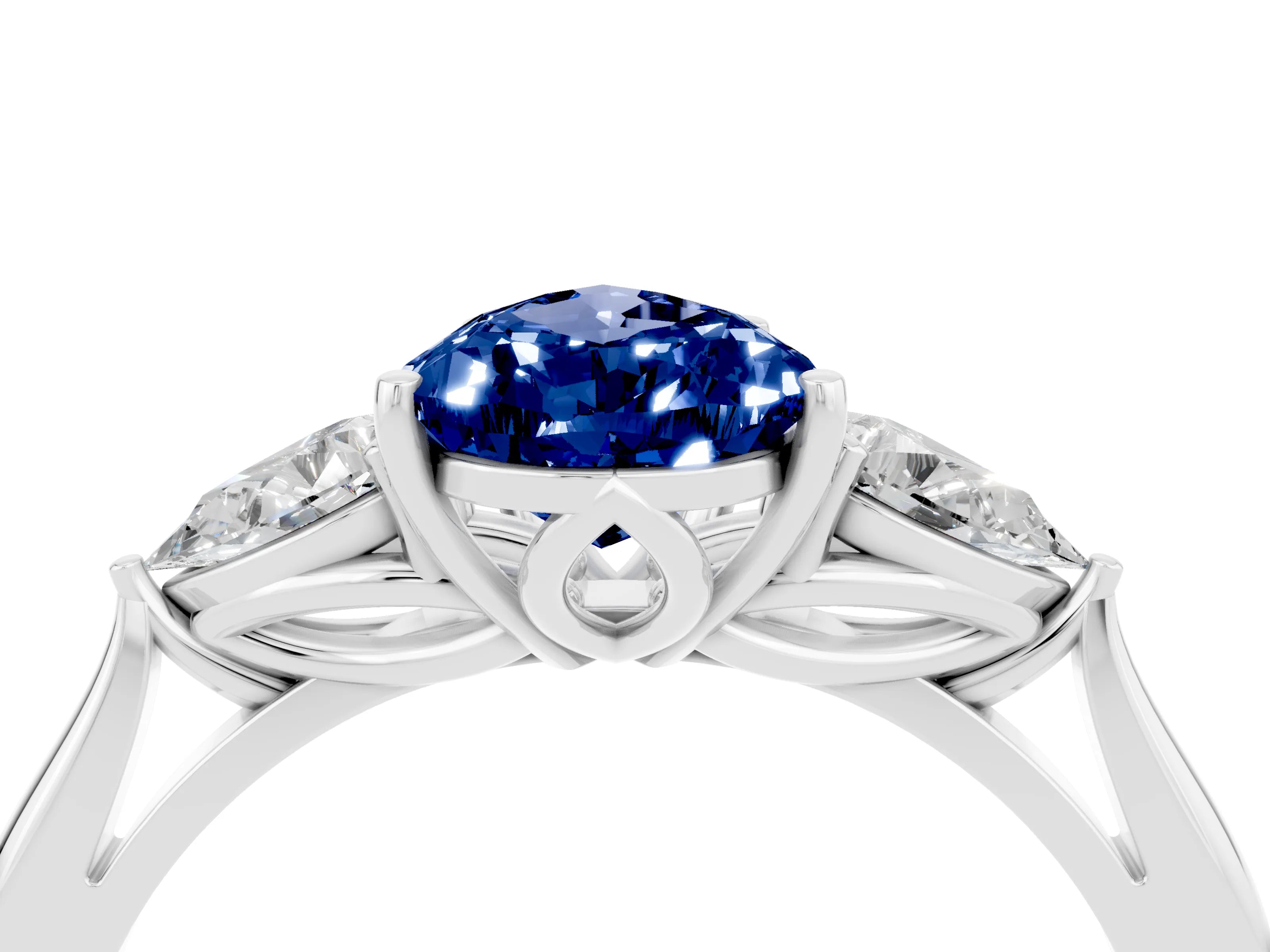 White gold Pear Cut Blue Sapphire Three-Stone Ring with Pear Side Stones and Four-Prong Setting_40