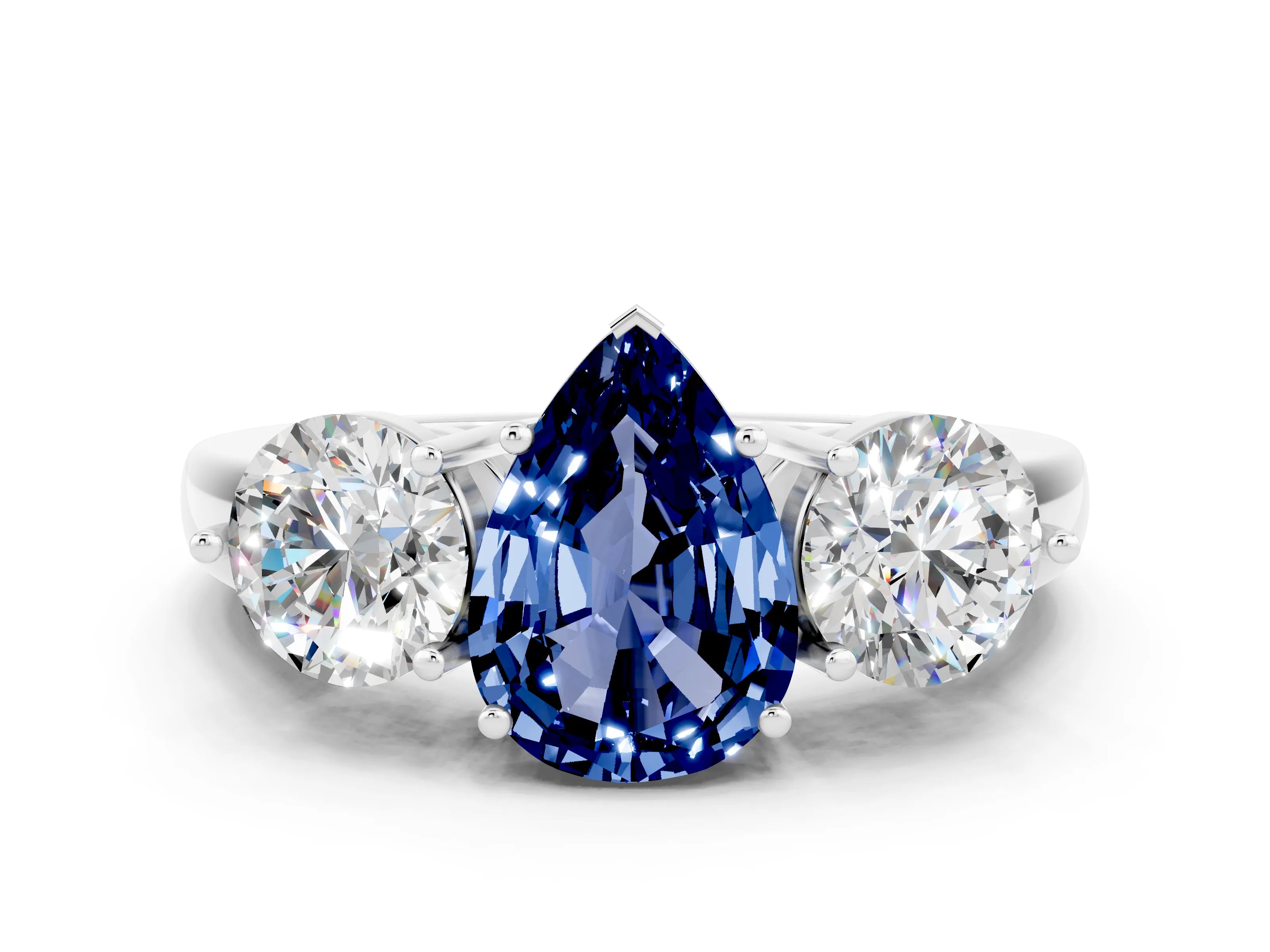 White gold Pear Cut Blue Sapphire Three-Stone Ring with Prong Setting and Classic Band