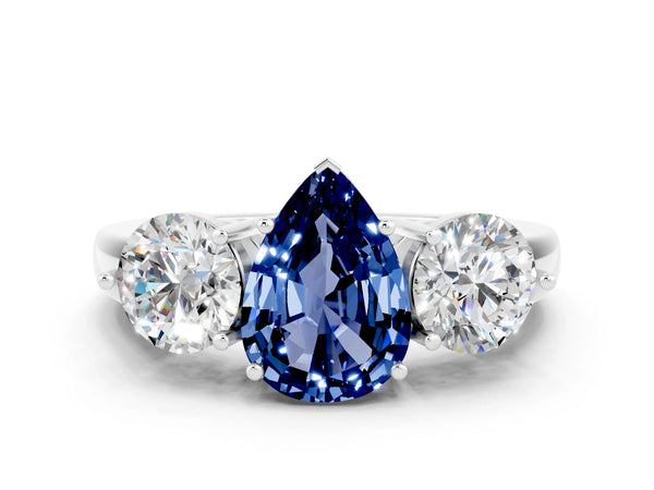 Platinum Pear Cut Blue Sapphire Three-Stone Ring with Prong Setting and Classic Band