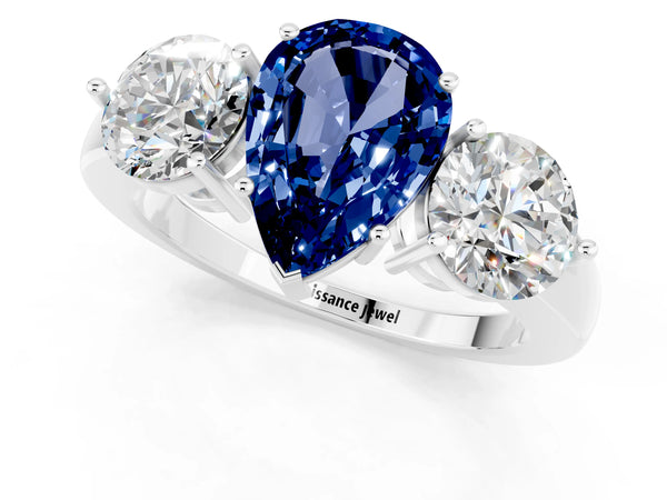 White gold Pear Cut Blue Sapphire Three-Stone Ring with Prong Setting and Classic Band