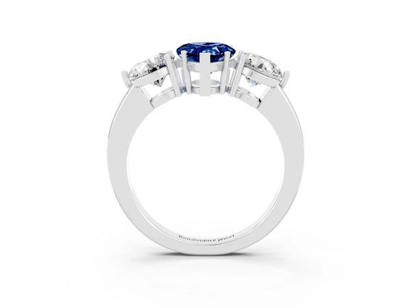 White gold Pear Cut Blue Sapphire Three-Stone Ring with Prong Setting and Classic Band