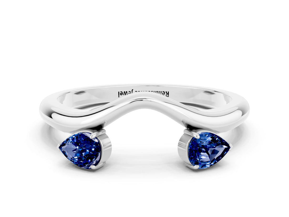 White gold Pear Cut Blue Sapphire Two-Stone Open Band Ring with Prong Setting_6