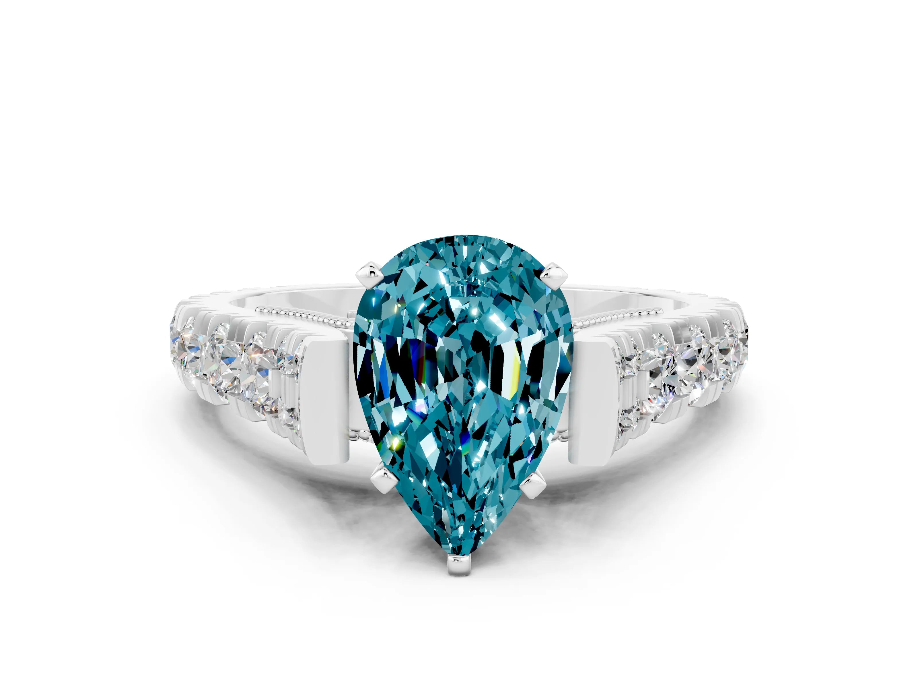 White gold Pear Cut Blue Topaz Classic Solitaire Ring with Pavé Band and Four-Prong Setting