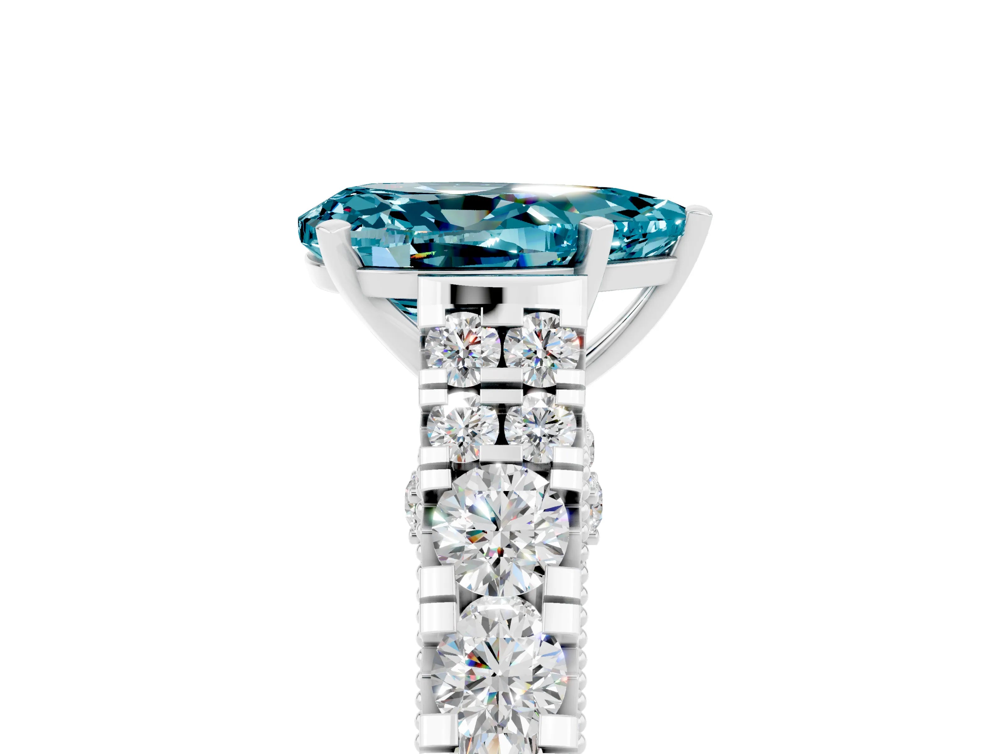 White gold Pear Cut Blue Topaz Classic Solitaire Ring with Pavé Band and Four-Prong Setting_5