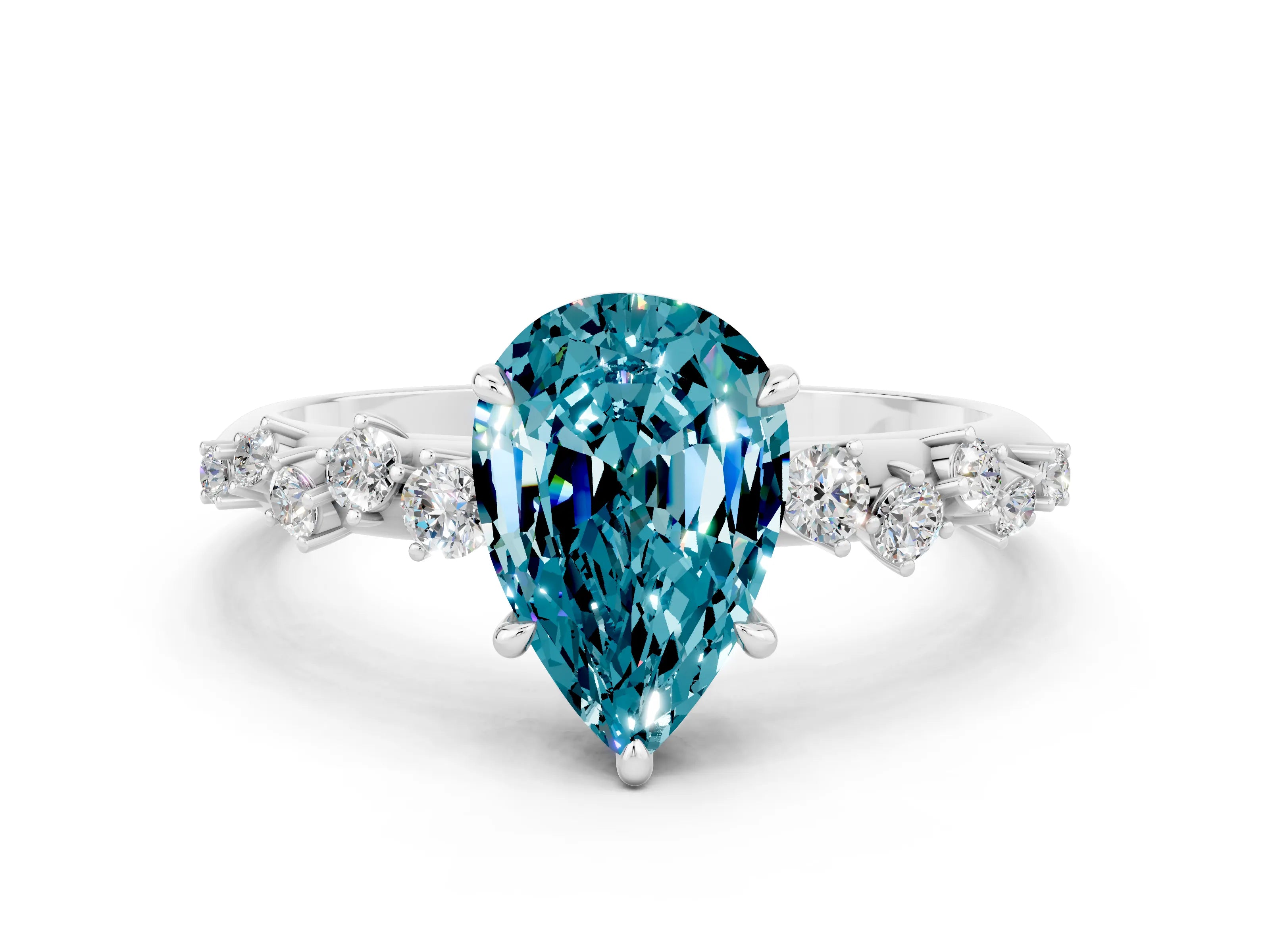 White gold Pear Cut Blue Topaz Cluster Side Stone Solitaire Ring with Prong Setting_24