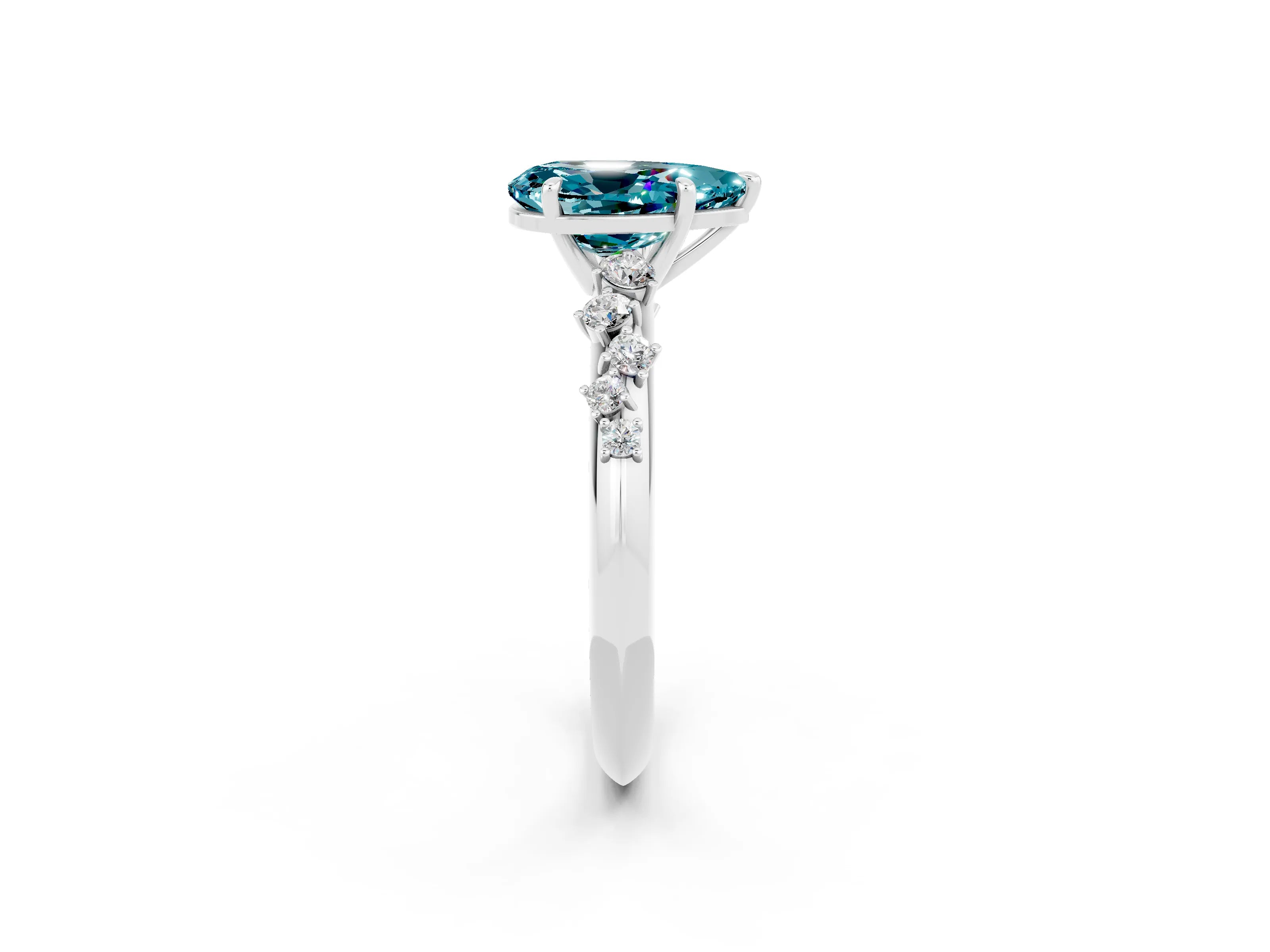 White gold Pear Cut Blue Topaz Cluster Side Stone Solitaire Ring with Prong Setting_26