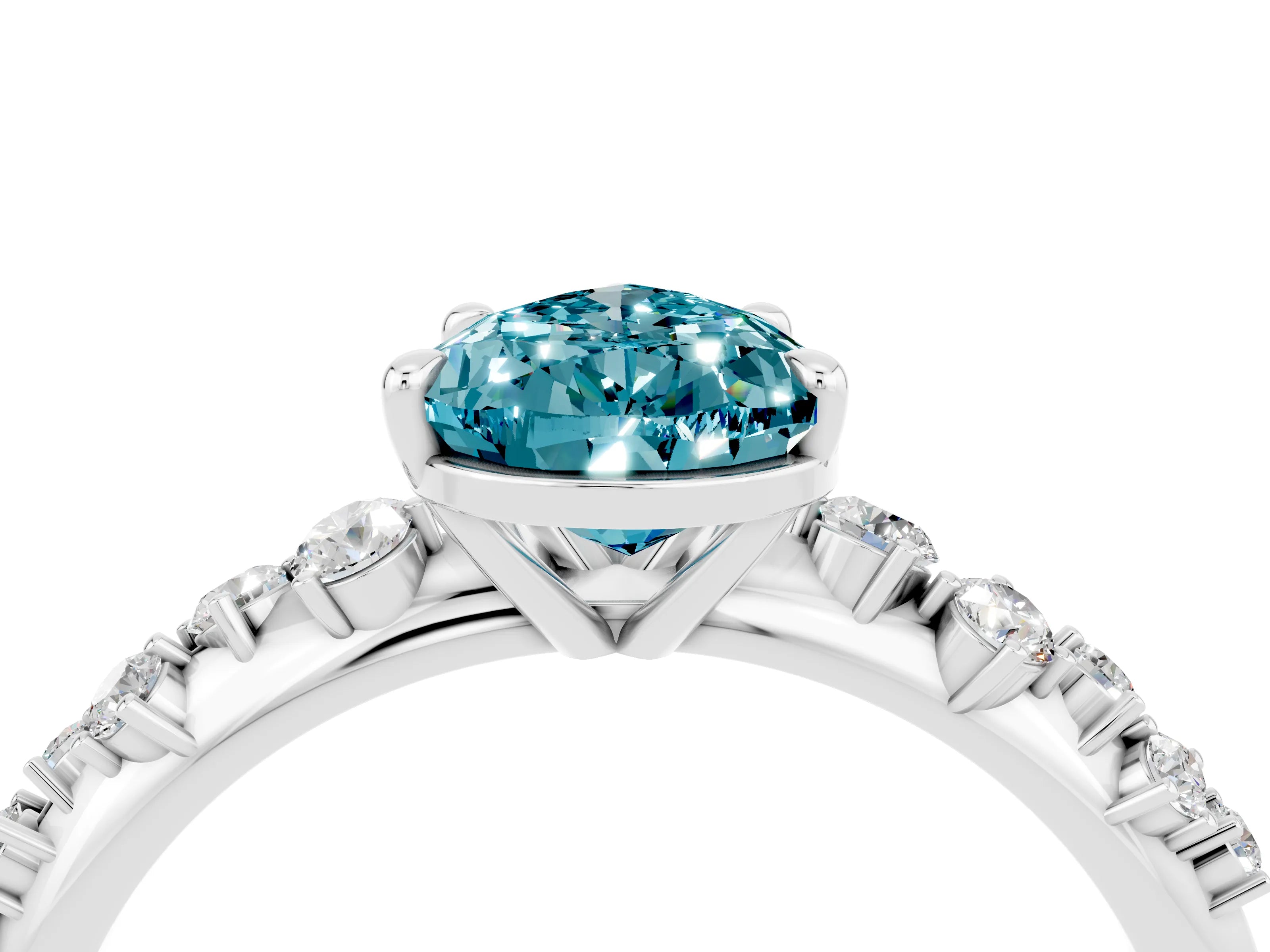 White gold Pear Cut Blue Topaz Cluster Side Stone Solitaire Ring with Prong Setting_28