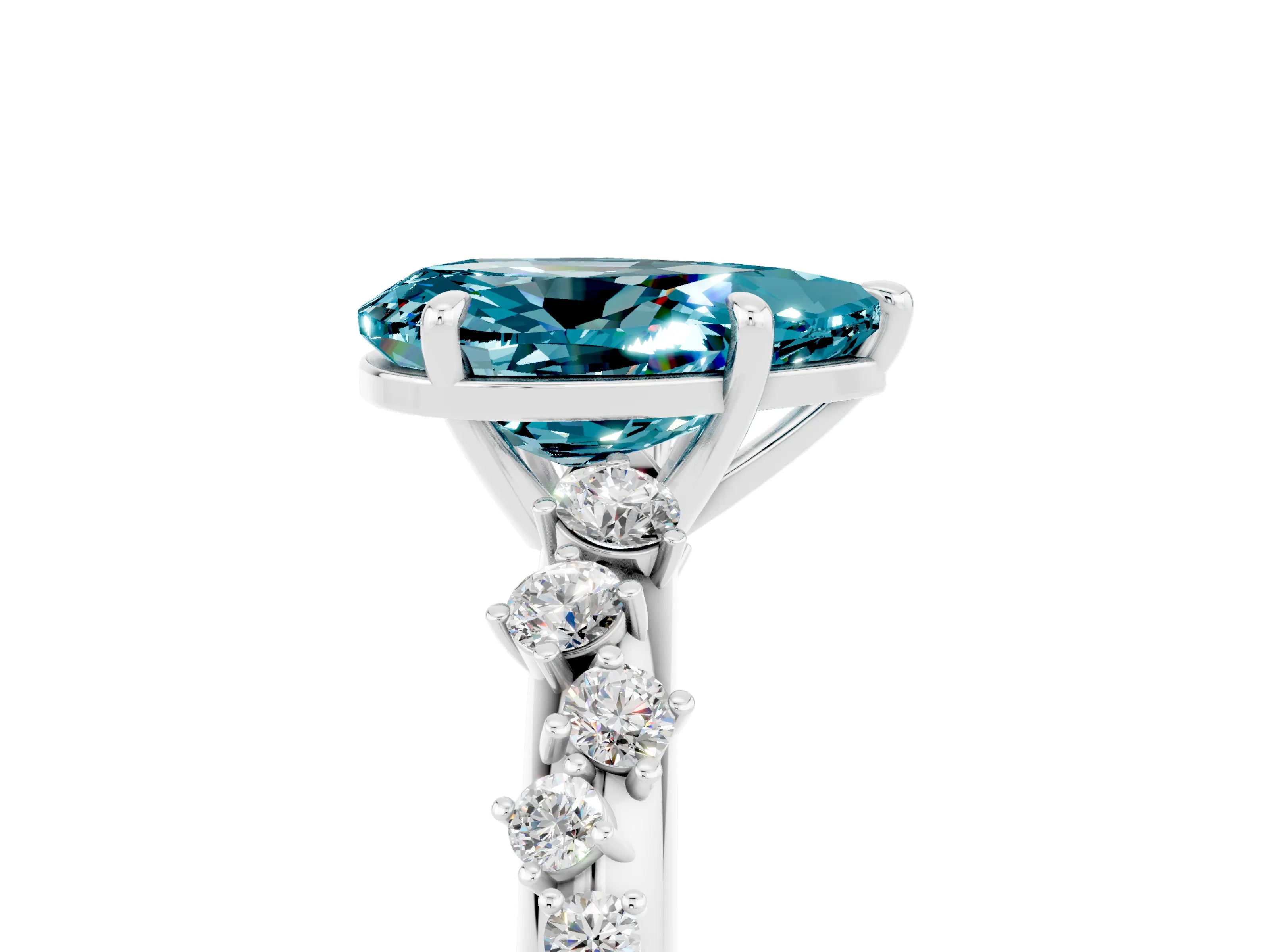 White gold Pear Cut Blue Topaz Cluster Side Stone Solitaire Ring with Prong Setting_29