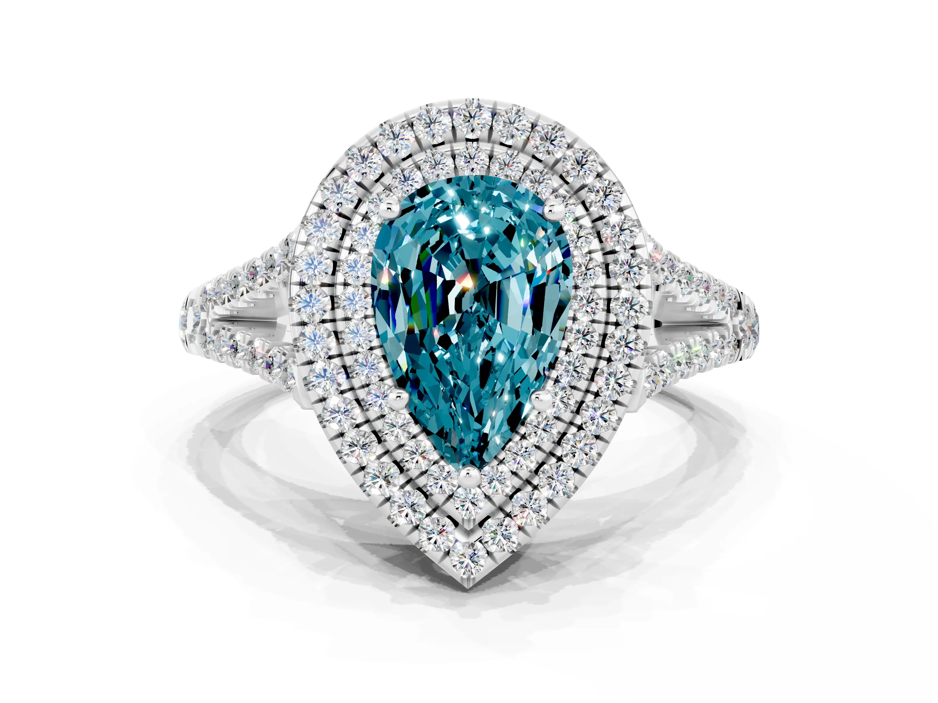 White gold Pear Cut Blue Topaz Double Halo Ring with Pavé Band and Prong Setting_24