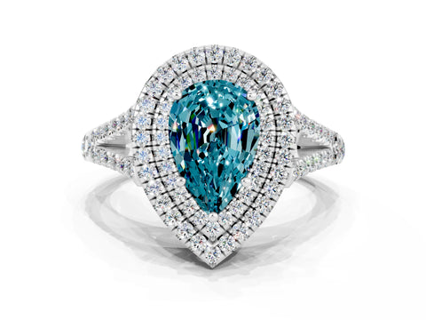 White gold Pear Cut Blue Topaz Double Halo Ring with Pavé Band and Prong Setting_24