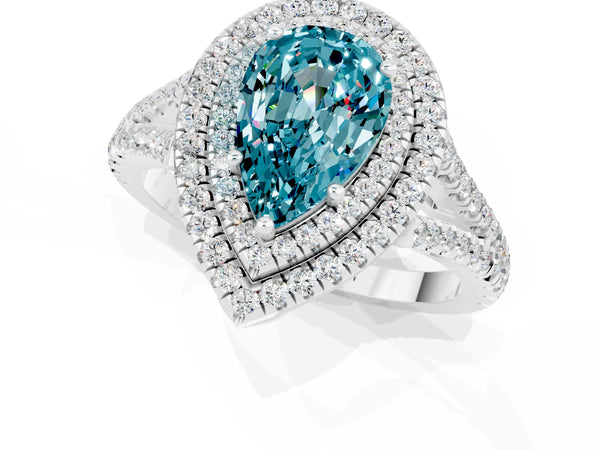 Platinum Pear Cut Blue Topaz Double Halo Ring with Pavé Band and Prong Setting