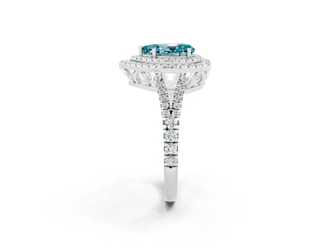 White gold Pear Cut Blue Topaz Double Halo Ring with Pavé Band and Prong Setting_26