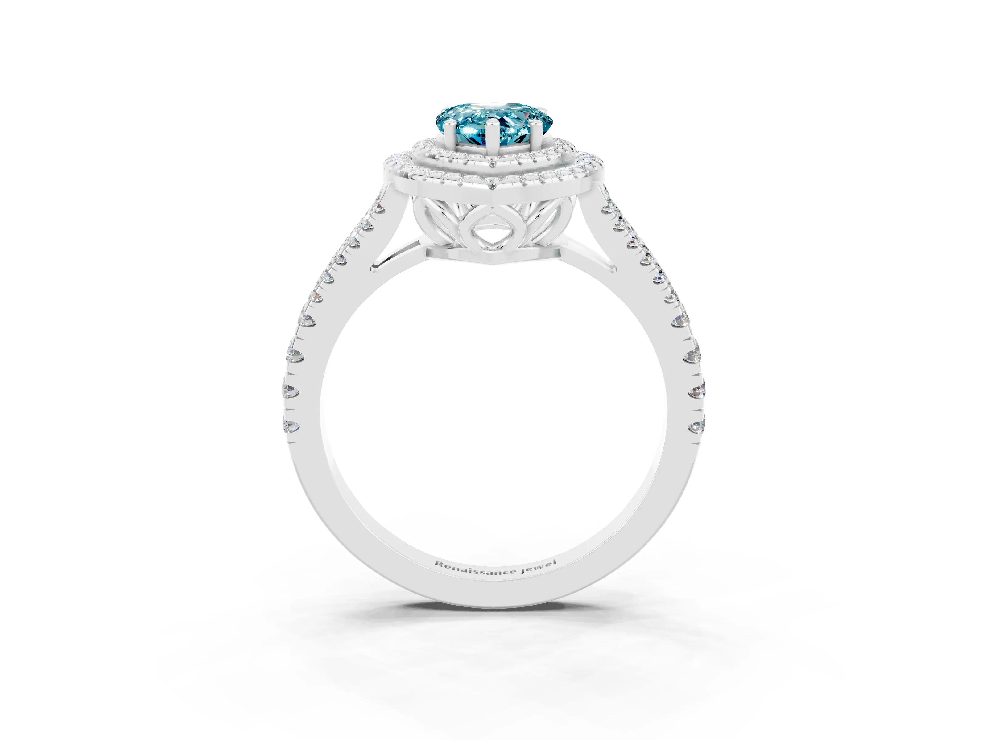 White gold Pear Cut Blue Topaz Double Halo Ring with Pavé Band and Prong Setting_27