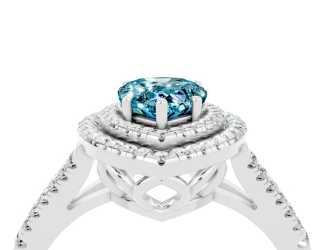 White gold Pear Cut Blue Topaz Double Halo Ring with Pavé Band and Prong Setting_28