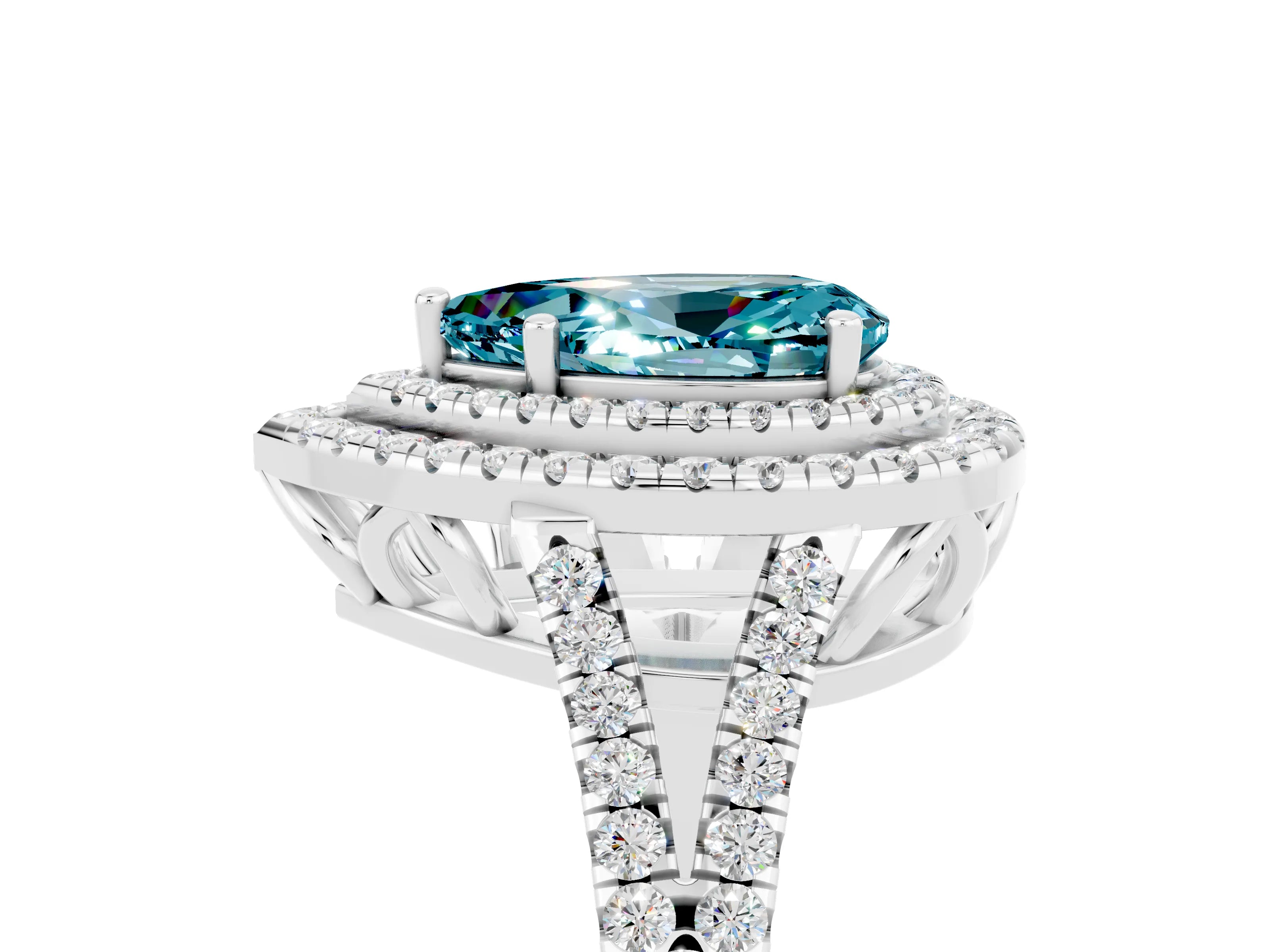White gold Pear Cut Blue Topaz Double Halo Ring with Pavé Band and Prong Setting_29