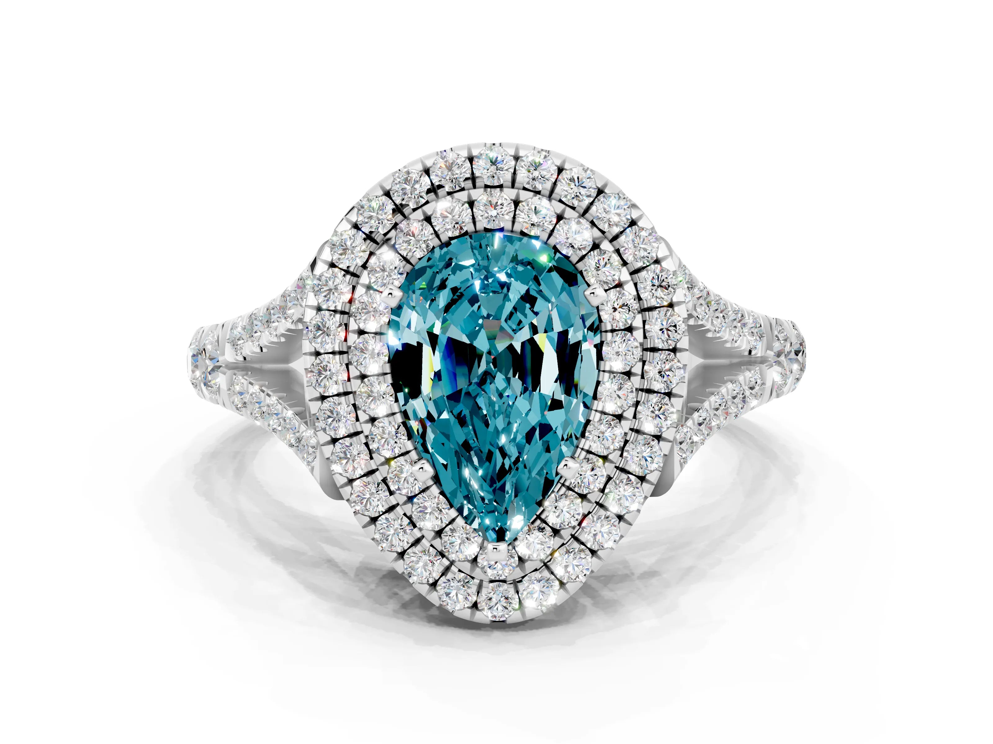 White gold Pear Cut Blue Topaz Double Halo Ring with Split Shank and Prong Setting_12