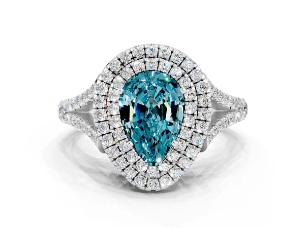 Silver Pear Cut Blue Topaz Double Halo Ring with Split Shank and Prong Setting